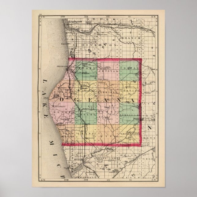 Map of Oceana County, Michigan Poster (Front)
