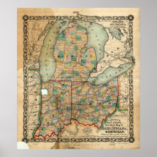 Map of Ohio Indiana  Michigan 1859 Poster