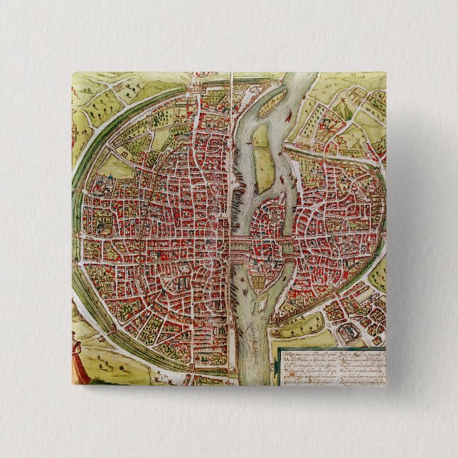 Map of Paris from 'Civitates orbis terrarrum' Pinback Button (Front)