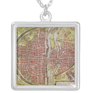 Map of Paris from 'Civitates orbis terrarrum' Silver Plated Necklace