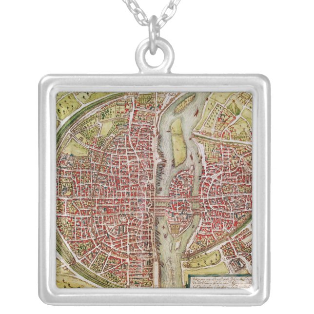 Map of Paris from 'Civitates orbis terrarrum' Silver Plated Necklace (Front)