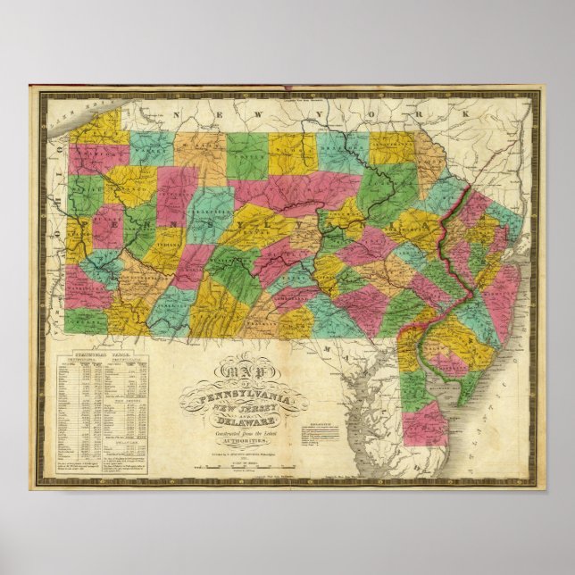 Map of Pennsylvania, New Jersey, and Delaware Poster (Front)