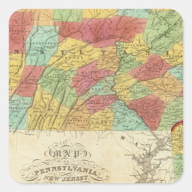 Map Of Pennsylvania New Jersey And Delaware Square Sticker (Front)