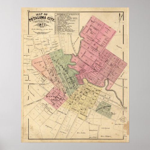 Map of Petaluma City 1877 Poster