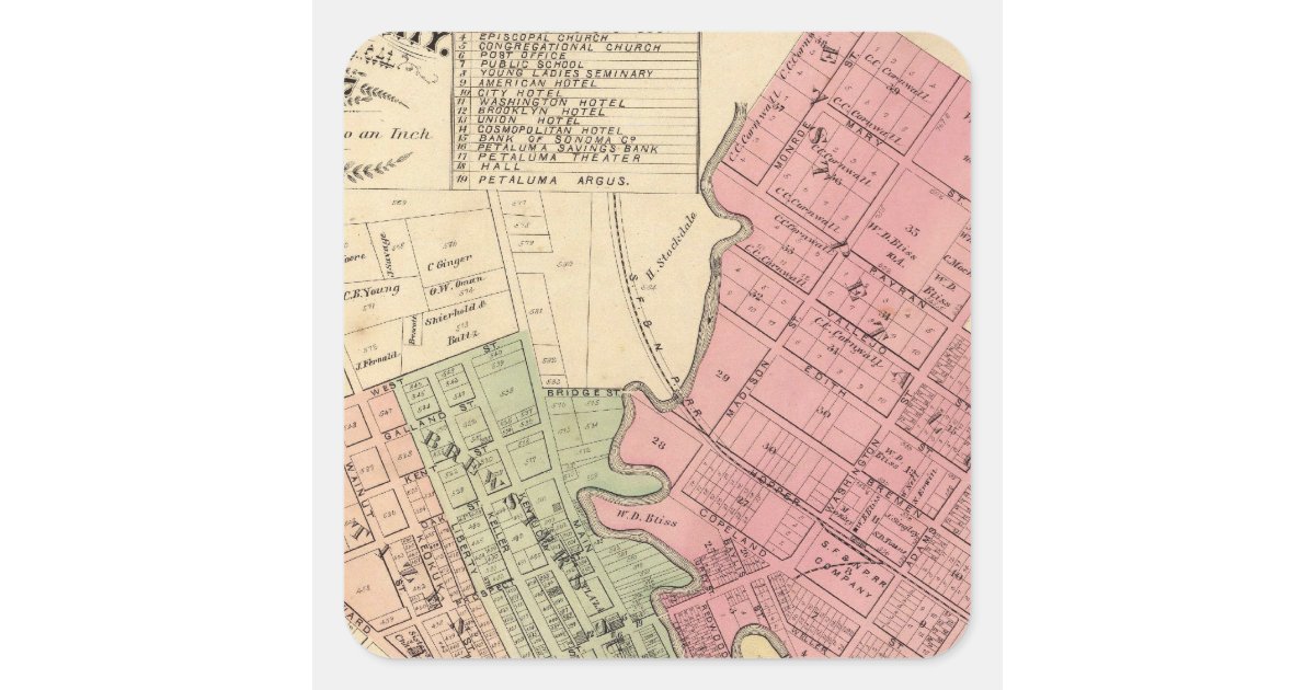 Map of Petaluma City 1877 Square Sticker Zazzle