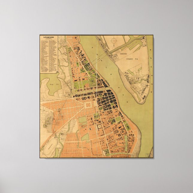 Map of Phnom Penh, Cambodia (circa 1920) Canvas Print (Front)