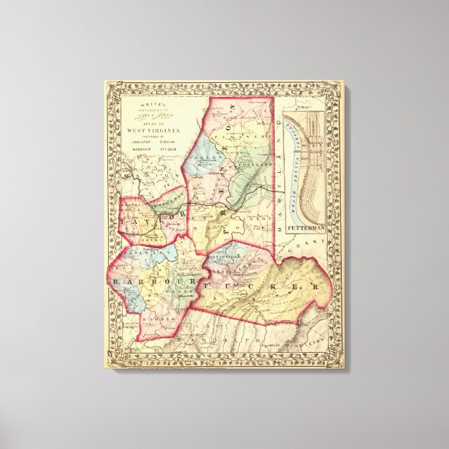Map of Preston, Taylor, Barbour, Tucker counties Canvas Print (Front)