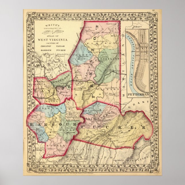 Map of Preston, Taylor, Barbour, Tucker counties Poster (Front)