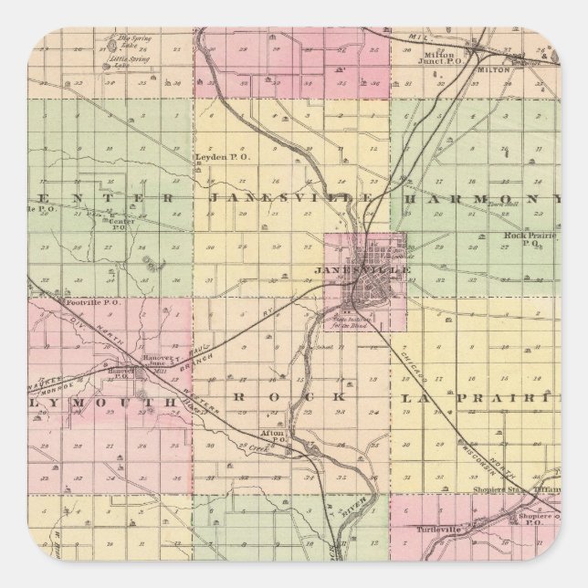 Map of Rock County, State of Wisconsin Square Sticker (Front)