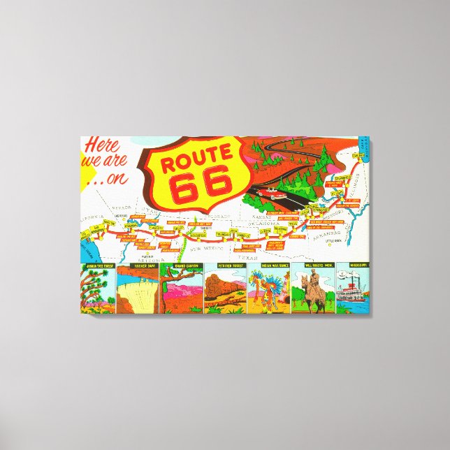 Map of Route 66 from Los Angeles to Chicago Canvas Print (Front)