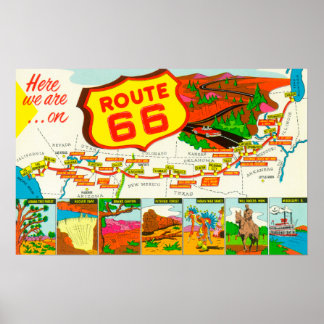 Map of Route 66 from Los Angeles to Chicago Poster