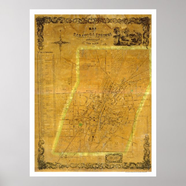 Map of Saratoga Springs, New York by Bevan 1854 Poster (Front)