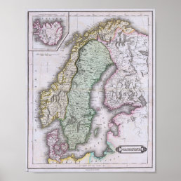 Map of Scandinavia, Norway, Sweden, Finland, etc. Poster