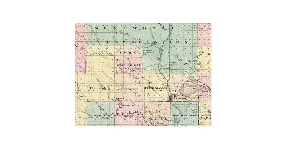 Map of Shawano County, State of Wisconsin Postcard