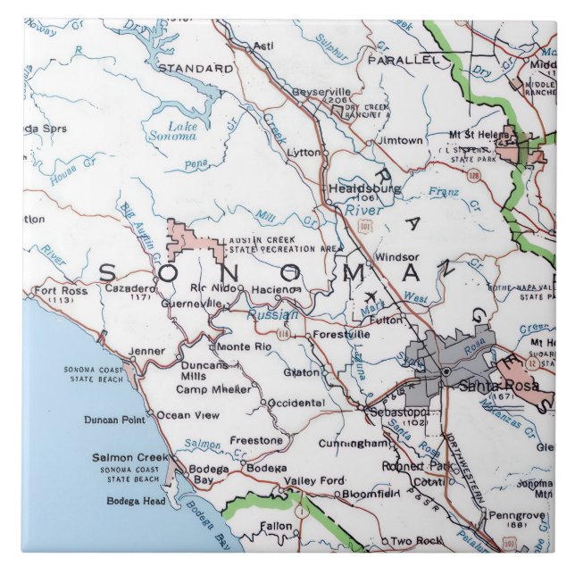 Map of Sonoma County CA -Blue Ceramic Tile (Front)