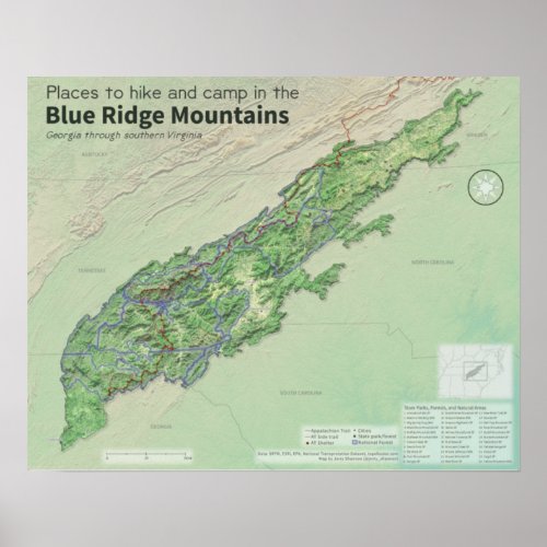 Map of southern Blue Ridge Mountains Poster