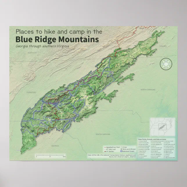 Map of southern Blue Ridge Mountains Poster | Zazzle