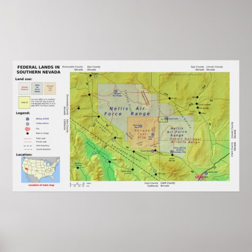 Map of Southern Nevada Federal Land Called Area 51 Poster