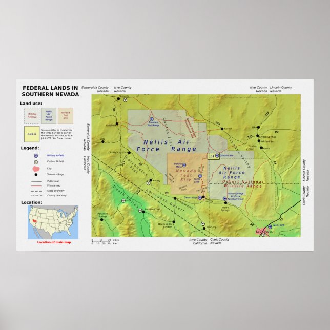 Map of Southern Nevada Federal Land Called Area 51 Poster (Front)