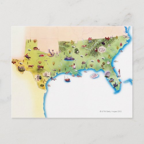 Map of Southern United States of America with Postcard