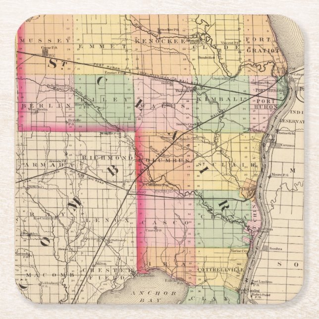 Map of St Clair County, Michigan Square Paper Coaster (Front)