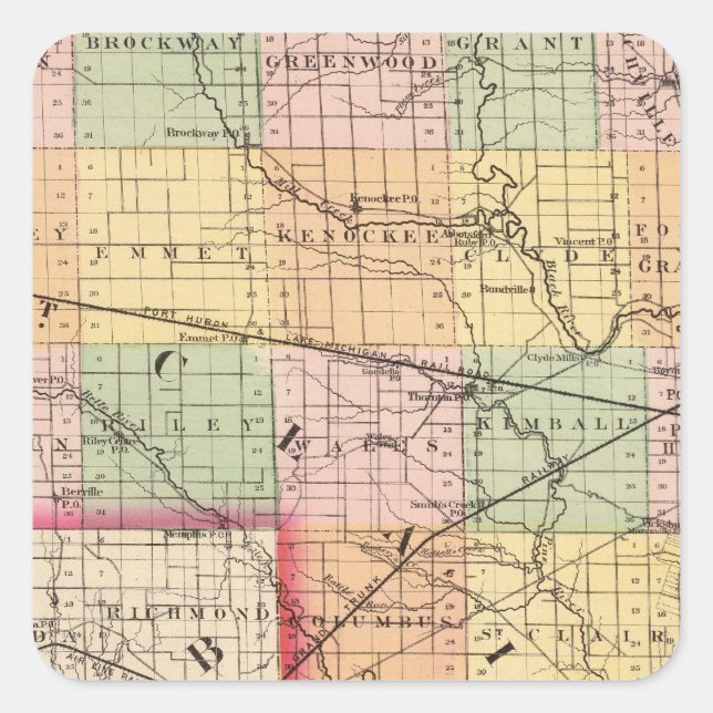 Map of St Clair County, Michigan Square Sticker (Front)