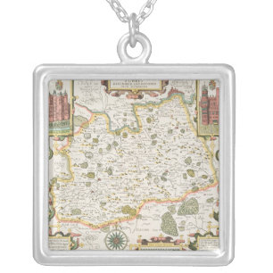 Map of Surrey, engraved by Jodocus Hondius Silver Plated Necklace
