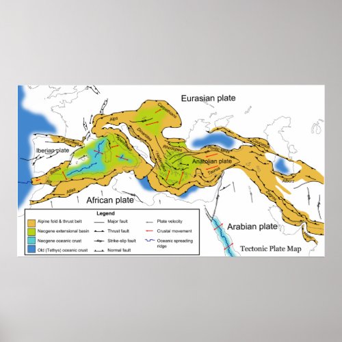 Map of Tectonic Plates of the Mediterranean  Alps Poster