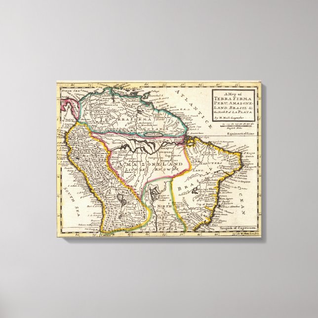 Map of Terra Firma, Peru, Amazone Land, Brasil Canvas Print (Front)