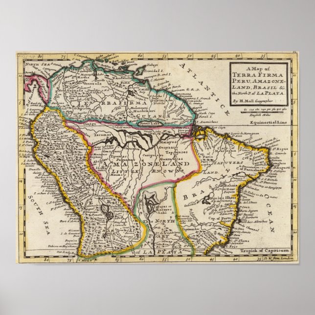 Map of Terra Firma, Peru, Amazone Land, Brasil Poster (Front)