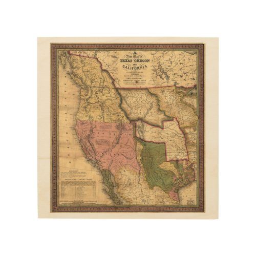 Map of Texas Oregon and California 1846 Wood Wall Decor