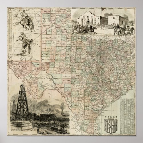 Map of Texas with County Borders Poster