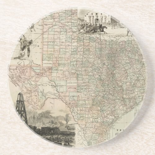 Map of Texas with County Borders Sandstone Coaster