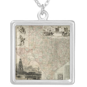 Map of Texas with County Borders Silver Plated Necklace