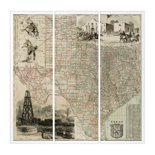 Map of Texas with County Borders Triptych