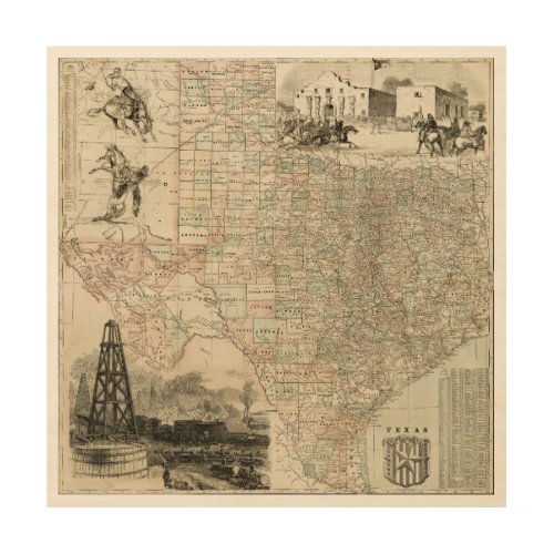Map of Texas with County Borders Wood Wall Decor
