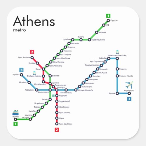 Map of the Athens Metro Square Sticker
