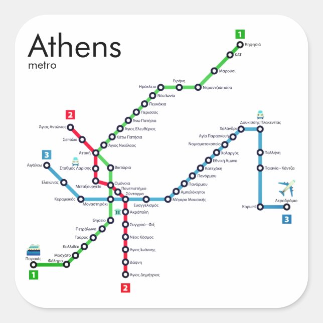 Map of the Athens Metro Square Sticker (Front)
