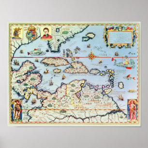 Map of the Caribbean islands Poster
