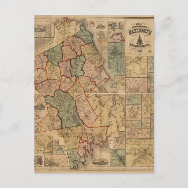 Map of the county of Plymouth Massachusetts (1857) Postcard (Front)