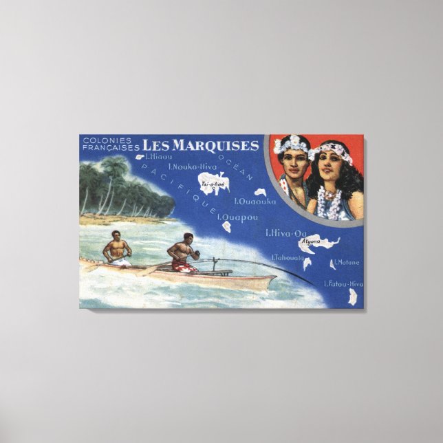 Map of the Islands, Natives in a Canoe Canvas Print (Front)