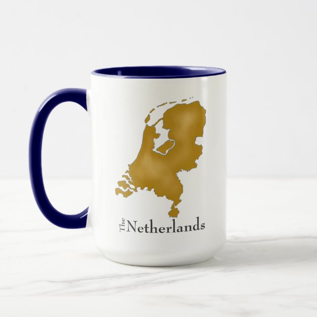 Map of the Netherlands in Gold with Black Text Mug (Left)