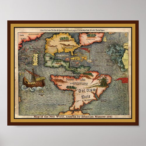 Map of the New World America by Sebastian Munster Poster