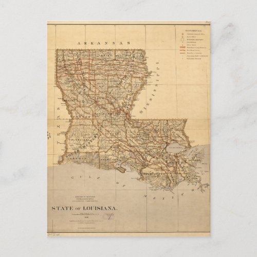 Map of the State of Louisiana 1876 Postcard