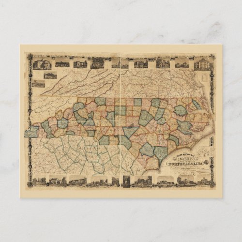 Map of the state of North Carolina c 1870 Postcard