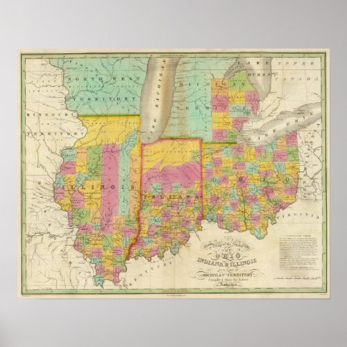 Map of the States Of Ohio Indiana  Illinois Poster