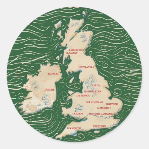 Map of the United Kingdom Vintage green Poster Classic Round Sticker