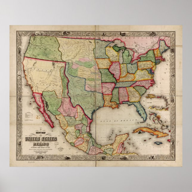 Map of the United States and Mexico (1847) Poster (Front)