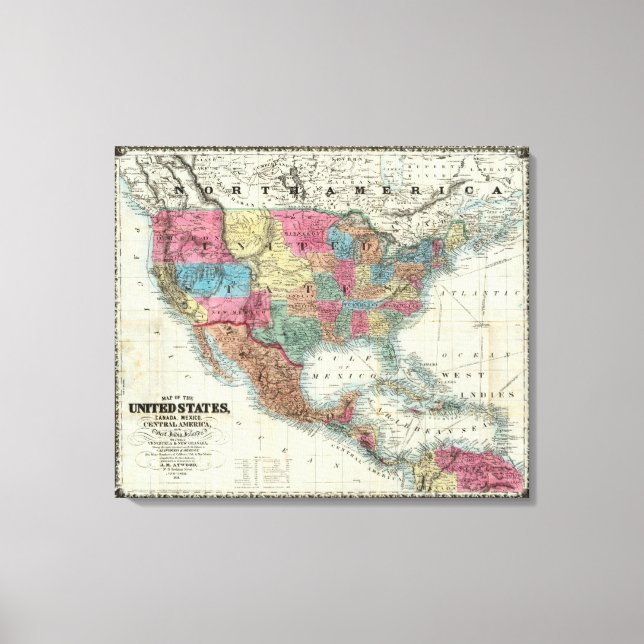 Map Of The United States, Canada, Mexico Canvas Print (Front)
