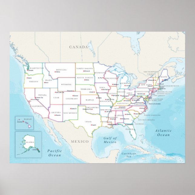 Map of the United States with State Capitals Poster (Front)